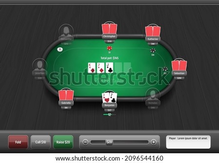 Poker table with players, cards and chips. Poker room. Texas hold'em online game. Vector illustration.