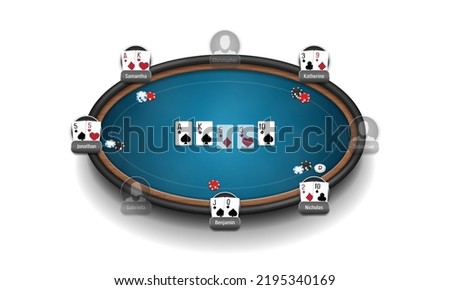 Poker table with players, cards and chips. Poker room. Texas hold'em online game. Vector illustration.