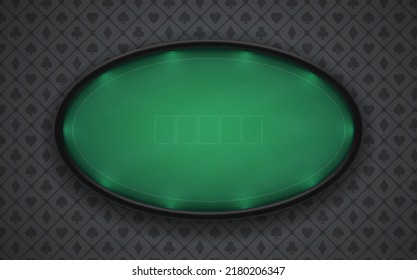 Poker table with realistic black leather border on a dark background. Oval table with illuminated border. Surface made of green textured cloth. Eps10 vector