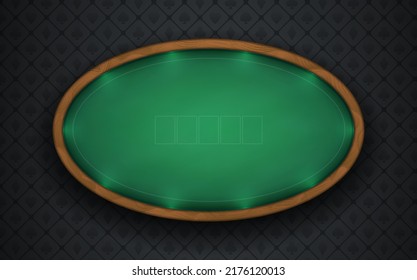 Poker table with realistic wooden frame on a dark background. Oval table with illuminated border. Surface made of green textured cloth. Eps10 vector