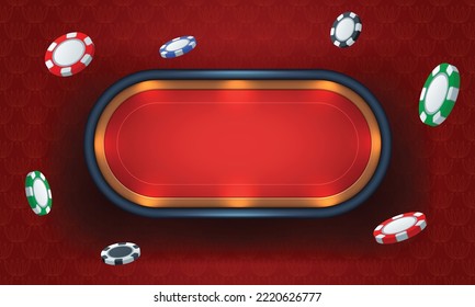 Poker table with red cloth on red background and flying poker chips. Realistic vector illustration.