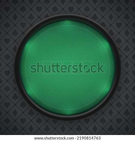 Poker table with round textured leather frame on a dark background. Frame with illuminated border, green firm cloth. Top view. Eps10 vector