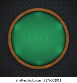 Poker table with round textured wooden frame on a dark background. Frame with illuminated border, green firm cloth. Top view. Eps10 vector