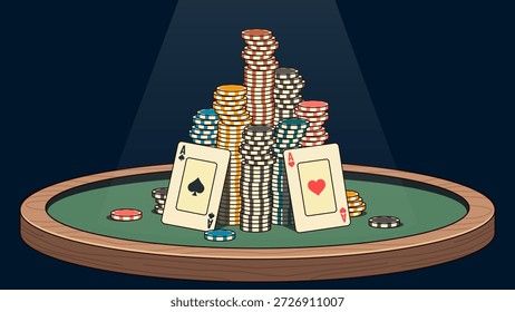 Mesa de poker com pilhas de fichas coloridas, ases de espadas e cartões de copas, holofote dramático em feltro verde, ilustração vetor plana para casino, jogo e conceito de jogo.