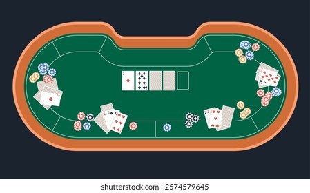 Poker table top view. Cards, bets and chips. Casino gambling composition. Fortune, risk game. Internet casino decorative image for web site. Cartoon flat style isolated vector concept