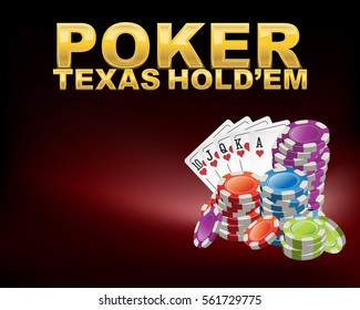 Poker Texas Hold Em With Casino Chips And Cards On Red Desk