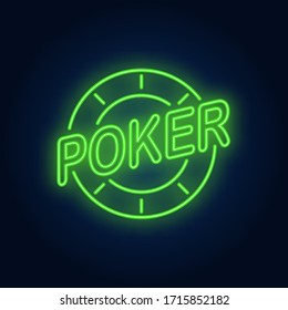 Poker text and casino chip. Neon icon on brick background. Game, nightclub, casino. Gambling concept. For topics like entertainment, leisure, nightlife