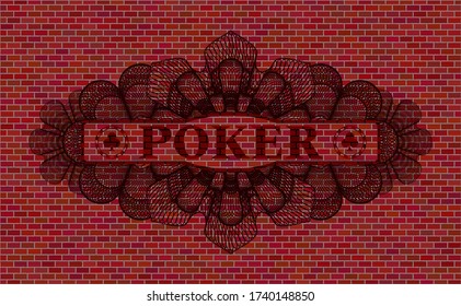 Poker text inside Currency red brick wall realistic emblem. Tiles chic background. Vector illustration. 