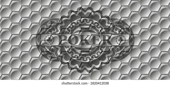 Poker text inside grey color shiny hexagon pattern realistic emblem. Trendy luxurious background. Vector illustration. 