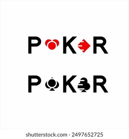 "Poker" text logo design with red and black poker card symbols on letters O and E.
