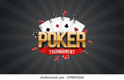 Poker tournament banner. Casino logo with playing cards and chips. Vector illustration.