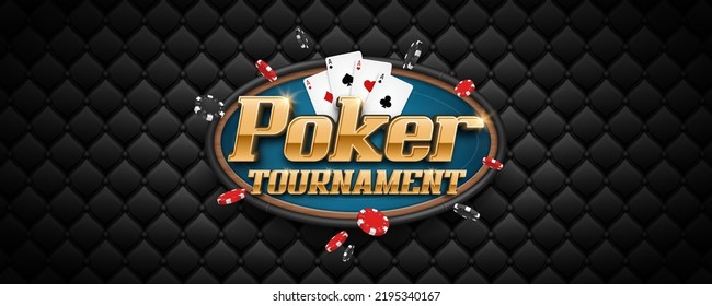 Poker tournament banner. Casino logo with playing cards and chips. Vector illustration.