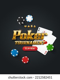 Poker tournament banner. Casino logo with playing cards and chips. Vector illustration.