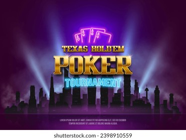 Poker tournament banner. Casino logo with neon signs on night city background. Vector illustration.