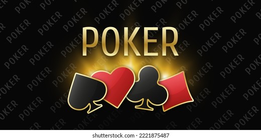 Pokerturnier-Banner. Poker Logo mit Spielkarten Anzug Chips. Clubs, Diamanten, Pik, Herzen auf schwarzem Hintergrund. Vektorgrafik.