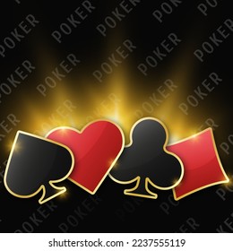 Poker tournament banner. Poker logo with playing card suit chips. Clubs, diamonds, spades, hearts on a black background. Vector illustration.