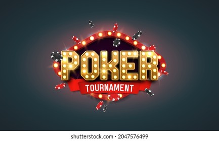 Poker tournament banner. Retro casino logo with chips. Vector illustration.