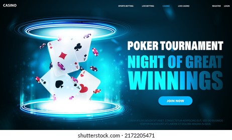 Poker tournament, dark and blue horizontal banner with button and playing cards with poker chips inside blue portal made of digital rings in dark empty scene