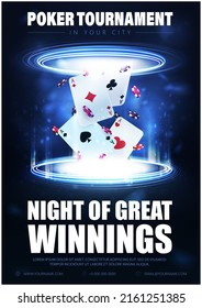 Poker tournament, dark and blue poster with playing cards with poker chips inside blue portal made of digital rings in dark empty scene