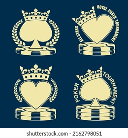 Poker tournament emblem isolated monochrome logo on blue background. Spades in crown and laurel wreath. Royal hearts on stack of casino chips. Vector graphic casino sign design set