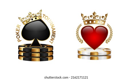 Poker tournament emblem logo isolated on white background. Black spades in golden crown on stack of black casino chips. Royal red hearts in laurel wreath. Vector VIP casino sign design set