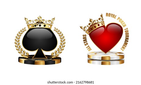 Poker tournament emblem logo isolated on white background. Black spades in golden crown and laurel wreath. Royal red hearts on stack of white casino chips. Vector VIP casino sign design set