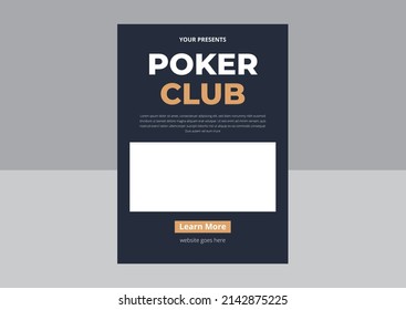 Poker Tournament Flyer Design. Casino poker tournament invitation design. Poker party a4 flyer template. Gold text with playing chips and cards. Vector Design, Flyer, Poster