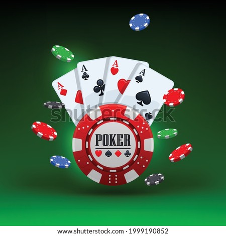 Poker tournament. Four playing cards and gambling chips