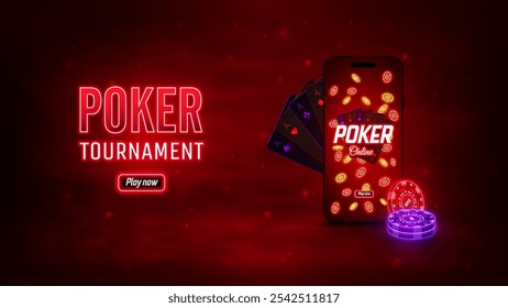 Poker tournament glowing banner. Casino poster with smartphone, playing cards and neon chips. Vector illustration