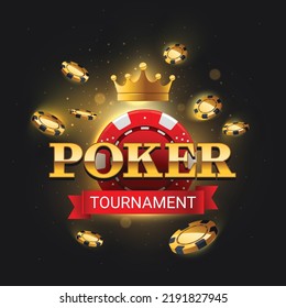 Poker tournament logo with flying chips on dark background. Vector illustration. Poker tournament banner with bright lights and poker chips. 