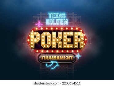 Poker tournament retro neon billboard. Shining casino banner with neon lights. Vector illustration.