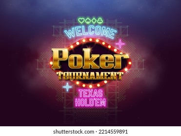 Poker tournament retro neon billboard. Shining casino banner with neon lights. Vector illustration.