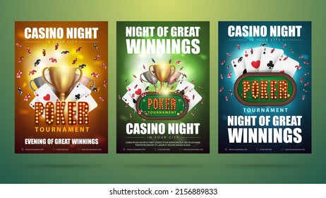 Poker tournament, set of invitation posters with casino elements. Posters with poker table with cards, chips and champion cups