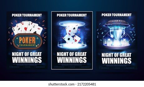 Poker tournament, set of invitation posters with casino elements. Posters with digital 3D podium with poker cup, Casino poker table, playing cards and poker chips inside blue portal