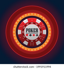 Poker tournament. Single red casino chip with casino lamp frame on dark background. Casino concept, gambling, vector illustration. 