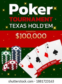 Poker tournament texas hold'em banner. Four aces with casino chips. Vector illustration