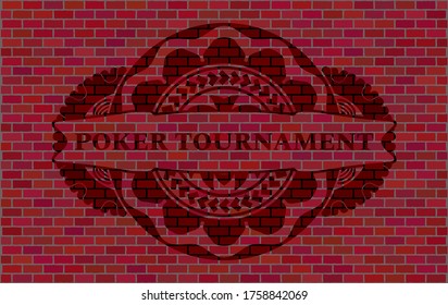 POKER TOURNAMENT text inside red brick stone wall realistic badge. Tiles fashionable background. Artistic illustration. 