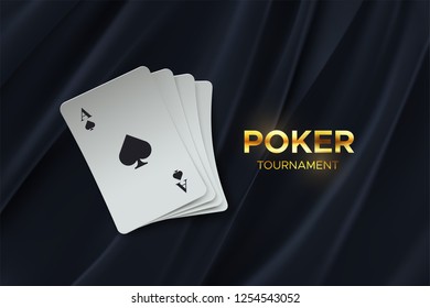 Poker tournament. Vector illustration. Four playing cards on black fabric background. Gambling concept