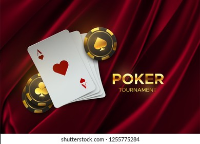 Poker tournament. Vector illustration. Four playing cards with gambling chips on velvet fabric background. Casino banner concept