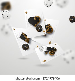Poker tournament. Vector illustration. Four playing cards with gambling chips. Vector illustration
