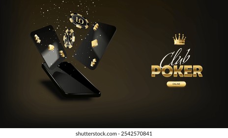 Poker tournament. Vector illustration. Four playing cards with gambling chips on velvet fabric background. Casino banner concept