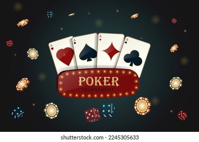 Poker tournamnet Casino Banner with flying dice, Cards and Chips. Vector illustration