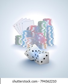 Poker vector background, stack of poker chips, ace cards on white background, two white dices on foreground. Gambling online casino light poster