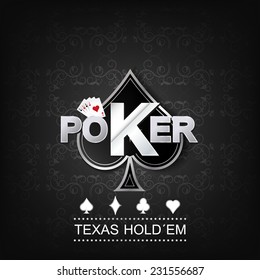 Poker vector illustration on a dark background with card symbol and flower pattern/editable vector design for poster, print or poker tournament