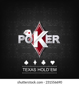 Poker vector illustration on a dark background with card symbol and flower pattern/editable vector design for poster, print or poker tournament