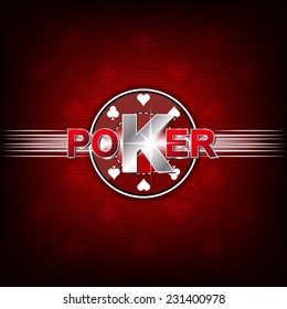 Poker vector illustration on a red background with card symbol and chip