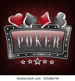 Poker vector illustration with ornate frame and card symbols on a dark red background. Design for your poker project, poster or tournament.