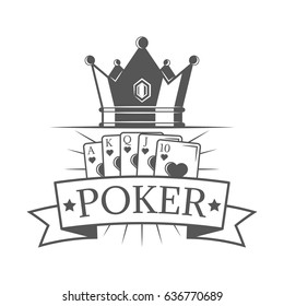 Poker of vector vintage emblem, label, badge and logo with crown and set cards in monochrome style on white background