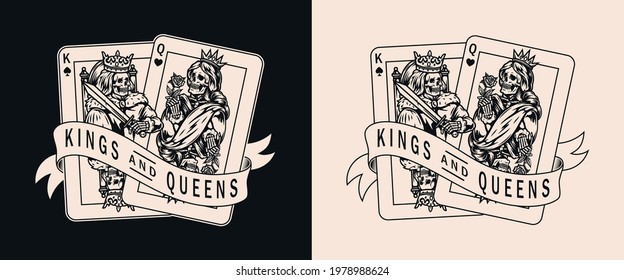 Poker vintage monochrome emblem with skeleton king and queen playing cards on dark and light backgrounds isolated vector illustration