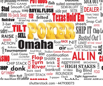 Poker Word Cloud with Industry Vernacular, Seamless, over White.  Vector EPS-10 file, transparency used. 